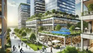 Quartier moderne avec architecture durable et espaces verts.